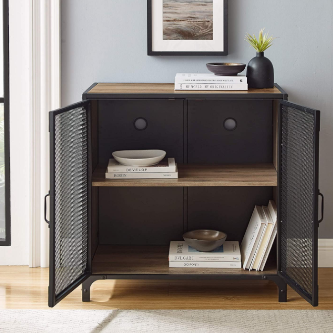 Walker Edison Malcomb industrial metal mesh storage cabinet with 2 doors, 76.2 cm, grey wash