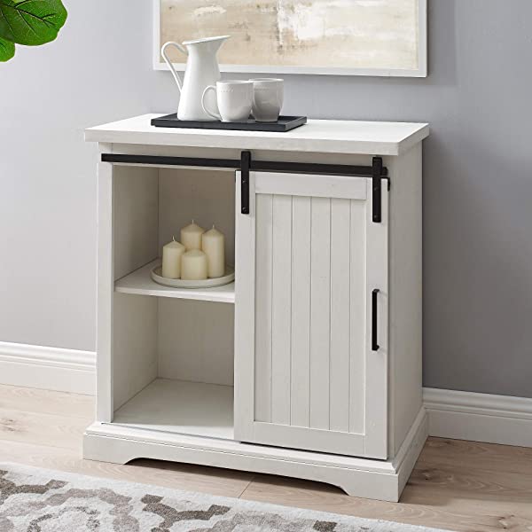 Walker Edison Beaumont Modern Farmhouse Sliding Slat Door Storage Cabinet, 32 Inch, White Oak White Oak Groove Door Cabinet