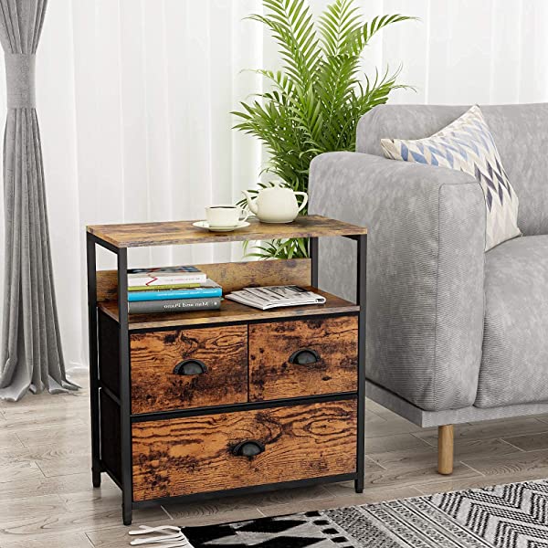 Furologee Nightstand with 3 Drawers, Dresser with Storage Shelf, Bedside Table/Closet Organizer, Rustic Fabric Linen Bins & Wooden Top for Bedroom, Hallway, Hotel (Rustic Brown)