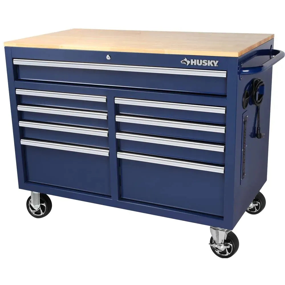 🔥Special Offer Only Today - 46 in. W x 24.5 in. D 9-Drawer Gloss Black Deep Tool Chest Mobile Workbench with Hardwood Top and Power Station
