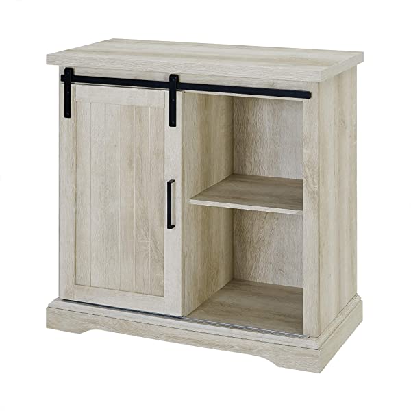 Walker Edison Beaumont Modern Farmhouse Sliding Slat Door Storage Cabinet, 32 Inch, White Oak White Oak Groove Door Cabinet