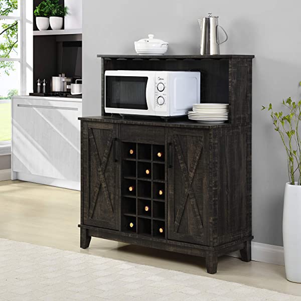Bar Cabinet with Wine Rack and Glass Doors (Grey wash- Solid)