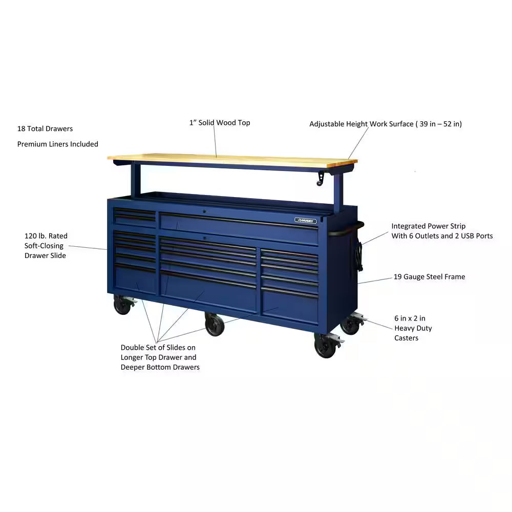 72 IN. 18-DRAWER MOBILE WORKBENCH WITH ADJUSTABLE-HEIGHT SOLID WOOD TOP IN MATTE