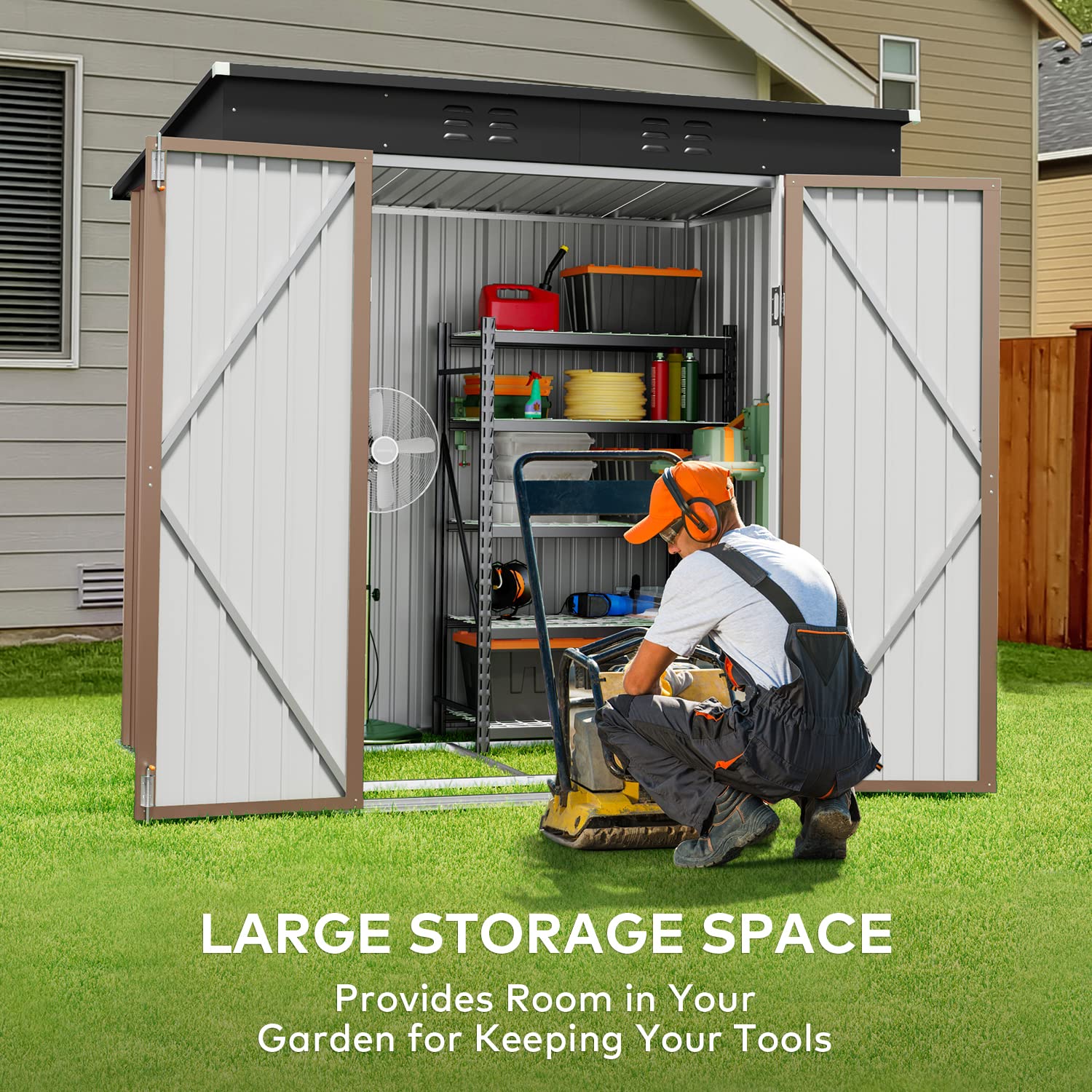6' x 4' Outdoor Storage Shed, Metal Garden Tool Storage Shed with Double Lockable Doors, Brown