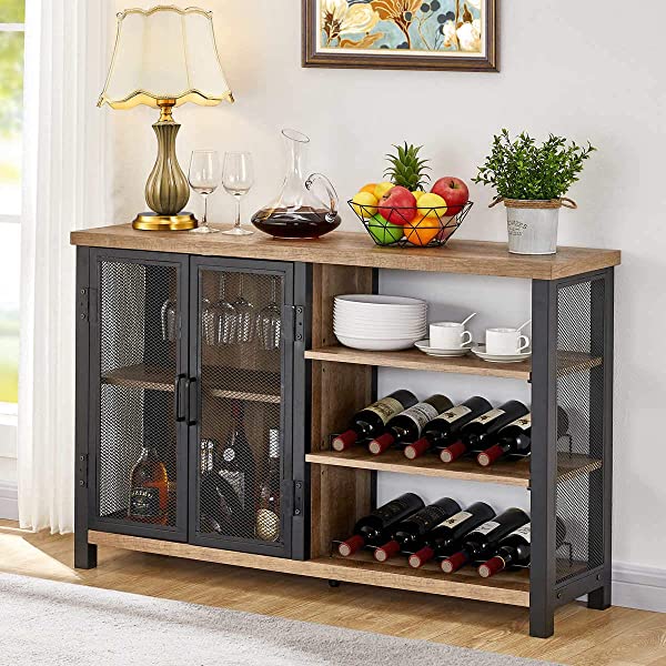 BON AUGURE Industrial Bar Cabinet for Liquor and Glasses, Rustic Wood and Metal Wine Rack Table, Accent Sideboard Buffet with Doors (47 Inch, Vintage Oak) Wine Cabinet