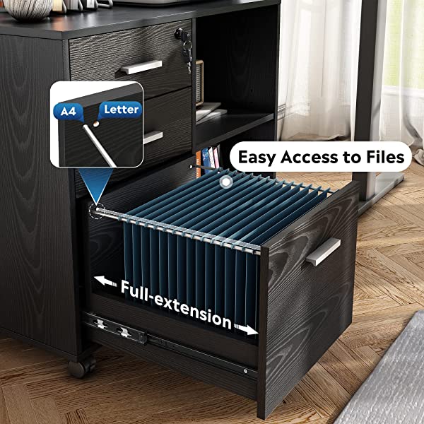 DEVAISE 3-Drawer Wood File Cabinet with Lock, Mobile Lateral Filing Cabinet, Printer Stand with Open Storage Shelves for Home Office, Black