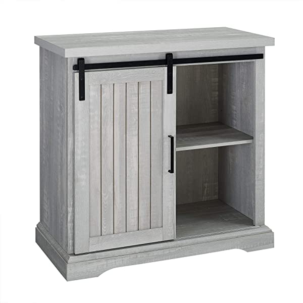 Walker Edison Beaumont Modern Farmhouse Sliding Slat Door Storage Cabinet, 32 Inch, Rustic Oak Rustic Oak Groove Door Cabinet