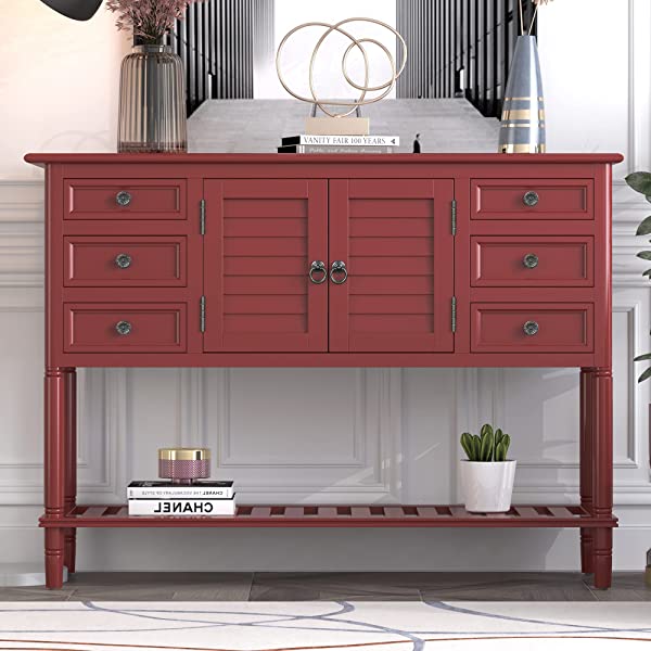 45" Narrow Console Table with 6 Drawers,1 Cabinet & 1 Shelf Accent Entry Table Sofa Table w/Storage for Entryway,Hallway,Living Room,Dining Room,Bedroom,Behind Couch,Foyer Buffet Table Sideboard Red