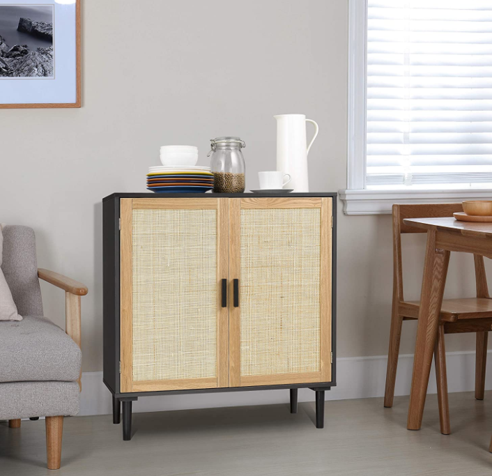 Finnhomy Sideboard Buffet Cabinet, Kitchen Storage Cabinet with Rattan Decorated Doors, Liquor Cabinet for Bar, Dining Room, Hallway, Cupboard Console Table, Accent Cabinet, 31.5X 15.8X 34.6 Inches