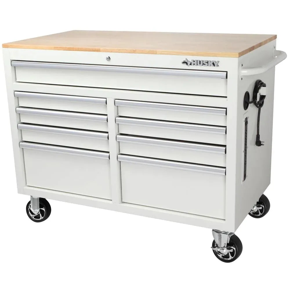 🔥Special Offer Only Today - 46 in. W x 24.5 in. D 9-Drawer Gloss Black Deep Tool Chest Mobile Workbench with Hardwood Top and Power Station