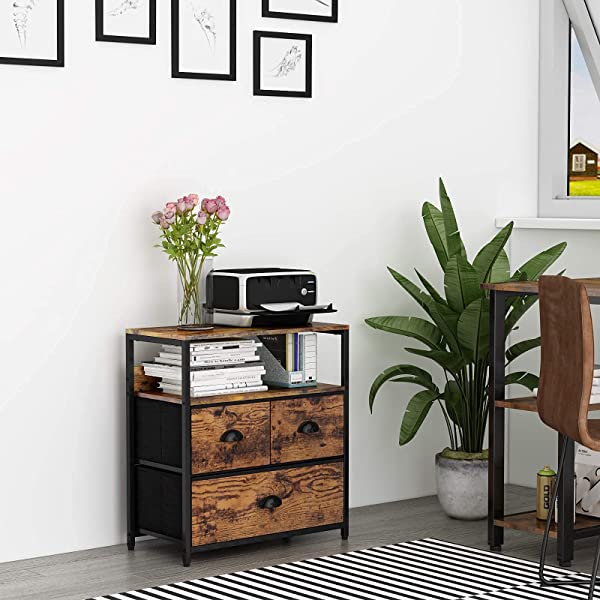 Furologee Nightstand with 3 Drawers, Dresser with Storage Shelf, Bedside Table/Closet Organizer, Rustic Fabric Linen Bins & Wooden Top for Bedroom, Hallway, Hotel (Rustic Brown)