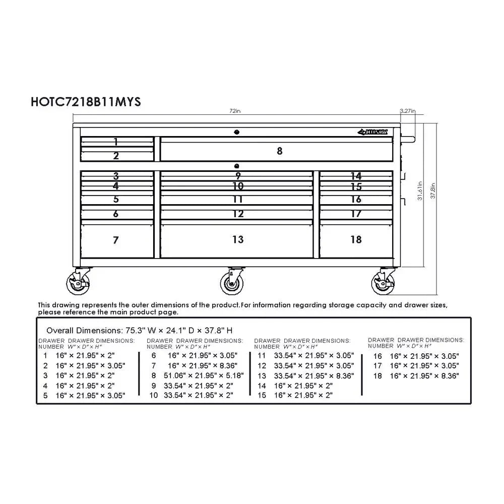 72 IN. 18-DRAWER MOBILE WORKBENCH WITH ADJUSTABLE-HEIGHT SOLID WOOD TOP IN MATTE