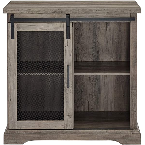 Walker Edison Beaumont Modern Farmhouse Sliding Slat Door Storage Cabinet, 32 Inch, Rustic Oak Rustic Oak Groove Door Cabinet