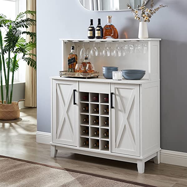 Bar Cabinet with Wine Rack and Glass Doors (Grey wash- Solid)