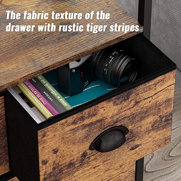 Furologee Nightstand with 3 Drawers, Dresser with Storage Shelf, Bedside Table/Closet Organizer, Rustic Fabric Linen Bins & Wooden Top for Bedroom, Hallway, Hotel (Rustic Brown)