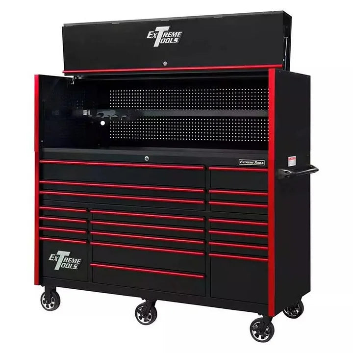 EXTREME TOOLS 72" RX Series 19 Drawer 30" Deep Roller Cabinet with Bins - Black with Red Drawer Pulls