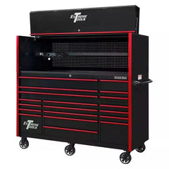 EXTREME TOOLS 72" RX Series 19 Drawer 30" Deep Roller Cabinet with Bins - Black with Red Drawer Pulls