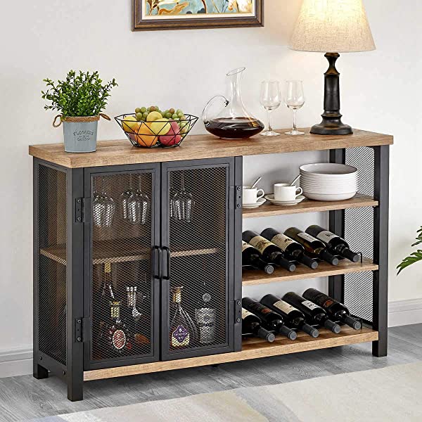 BON AUGURE Industrial Bar Cabinet for Liquor and Glasses, Rustic Wood and Metal Wine Rack Table, Accent Sideboard Buffet with Doors (47 Inch, Vintage Oak) Wine Cabinet