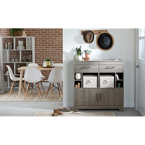 South Shore Vietti Bar Cabinet with Liquor and Wine Bottle Storage with Drawers, Black Oak with Metal Handles