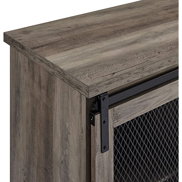 Walker Edison Beaumont Modern Farmhouse Sliding Slat Door Storage Cabinet, 32 Inch, Rustic Oak Rustic Oak Groove Door Cabinet