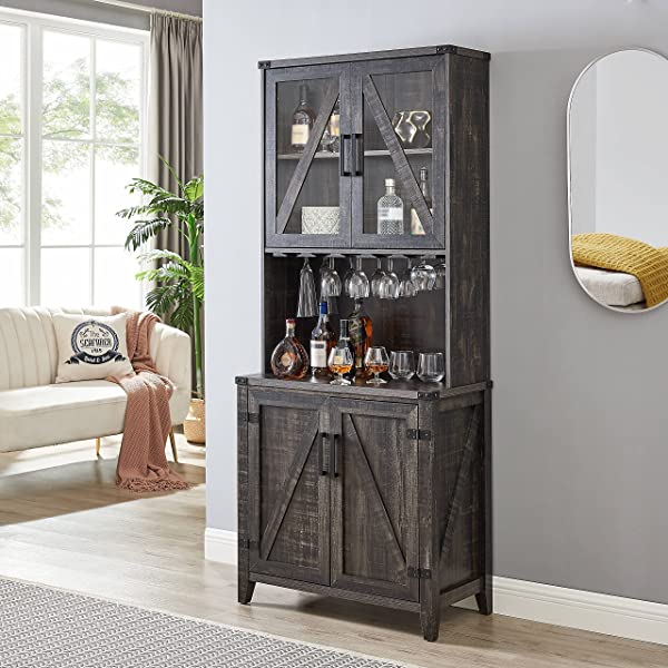 Mahogany Bar Cabinet with Upper Glass Cabinet