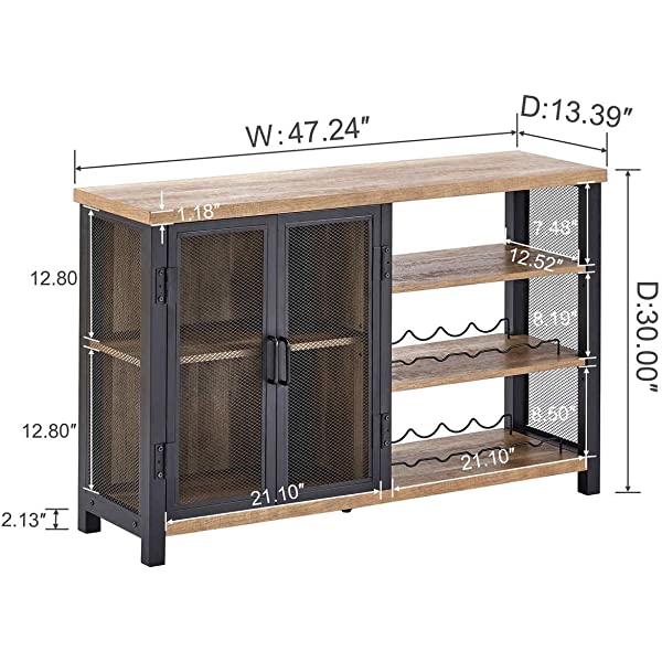 BON AUGURE Industrial Bar Cabinet for Liquor and Glasses, Rustic Wood and Metal Wine Rack Table, Accent Sideboard Buffet with Doors (47 Inch, Vintage Oak) Wine Cabinet