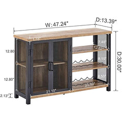 BON AUGURE Industrial Bar Cabinet for Liquor and Glasses, Rustic Wood and Metal Wine Rack Table, Accent Sideboard Buffet with Doors (47 Inch, Vintage Oak) Wine Cabinet