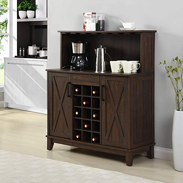Bar Cabinet with Wine Rack and Glass Doors (Grey wash- Solid)