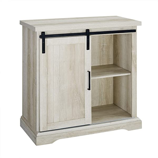 Walker Edison Beaumont Modern Farmhouse Sliding Slat Door Storage Cabinet, 32 Inch, White Oak White Oak Groove Door Cabinet