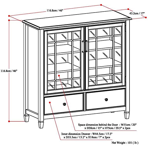 SIMPLIHOME Connaught SOLID WOOD 46 inch Wide Traditional Tall Storage Cabinet in Dark Chestnut Brown, with 2 Tempered Glass Doors that open to a Cabinet with 4 Adjustable Shelves an two Deep Drawers