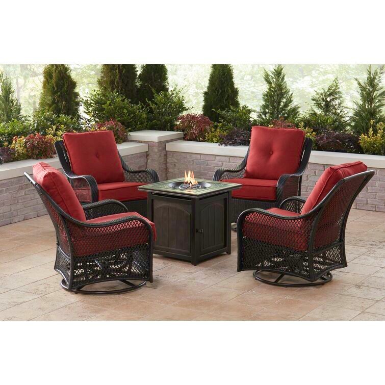 5-Piece Steel Patio Fire pit Conversation Set with Sahara Sand Cushions and 26 in. Square Fire pit Side Table