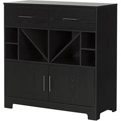 South Shore Vietti Bar Cabinet with Liquor and Wine Bottle Storage with Drawers, Black Oak with Metal Handles
