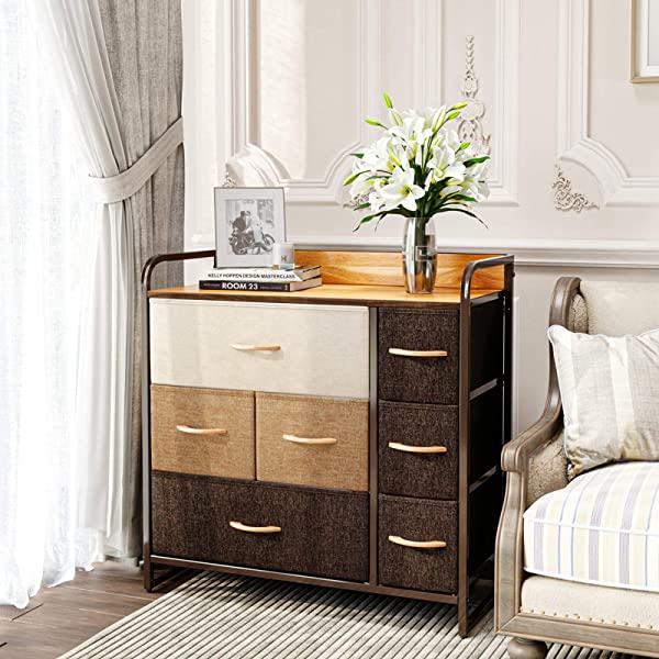 CubiCubi Dresser Organizer with 7 Drawer, Furniture Storage Tower Unit for Bedroom Hallway Entryway Closets, Dresser Clothes Storage with Sturdy Steel Frame Wood Top, Chocolate