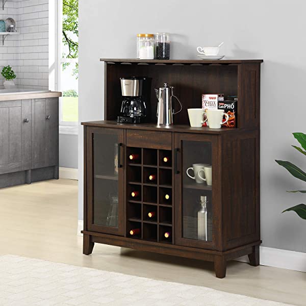 Bar Cabinet with Wine Rack and Glass Doors (Grey wash- Solid)