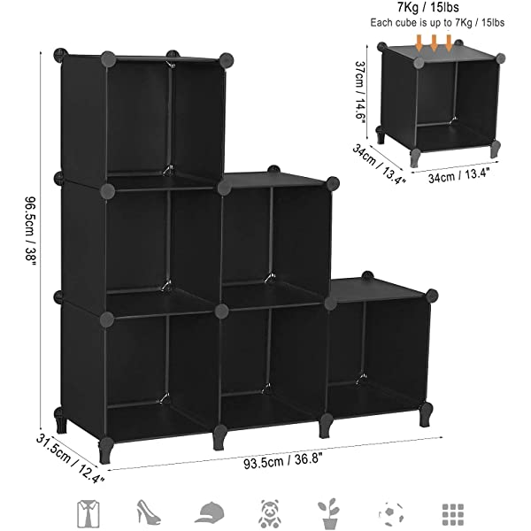 ANWBROAD Cube Storage Organizer 6-Cube Closet Organizers and Storage DIY Modular Plastic Closet Cabinet Book Shelf Cubes Organizer Storage Shelving for Home Bedroom Office Living Room Black ULCS006B 6 Cubes (36.8x12.4x38 Inches) Black