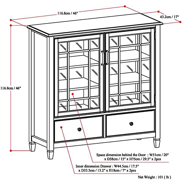 SIMPLIHOME Connaught SOLID WOOD 46 inch Wide Traditional Tall Storage Cabinet in Dark Chestnut Brown, with 2 Tempered Glass Doors that open to a Cabinet with 4 Adjustable Shelves an two Deep Drawers