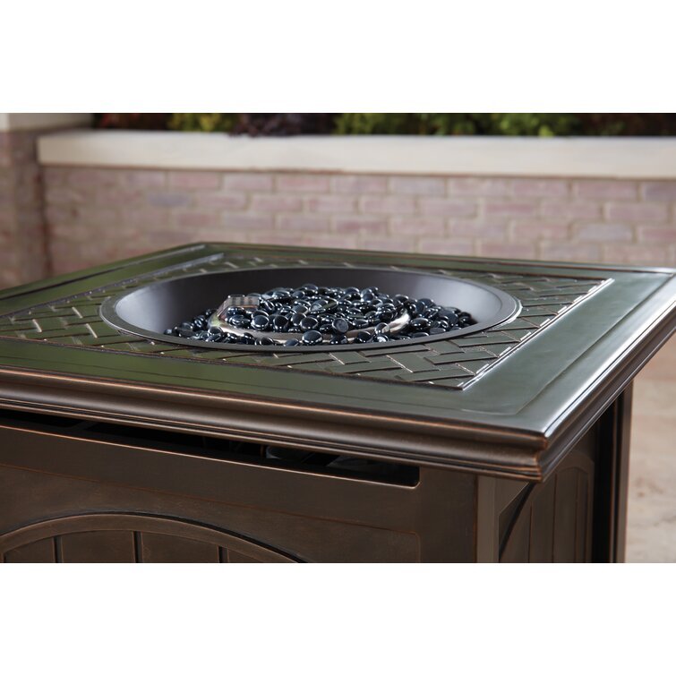 5-Piece Steel Patio Fire pit Conversation Set with Sahara Sand Cushions and 26 in. Square Fire pit Side Table