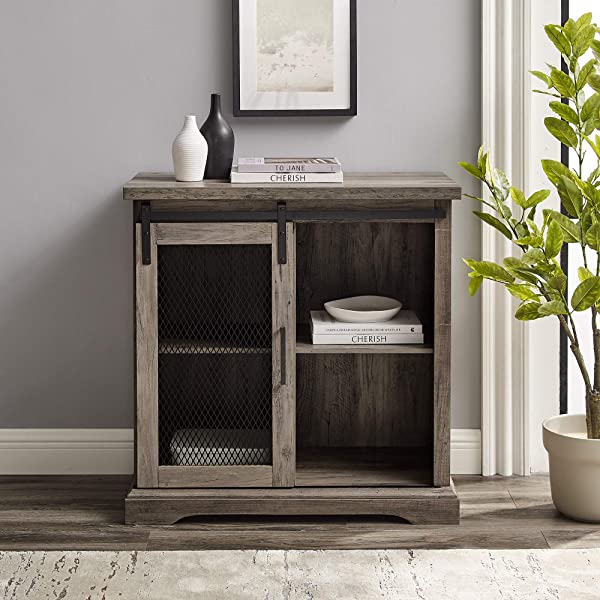 Walker Edison Beaumont Modern Farmhouse Sliding Slat Door Storage Cabinet, 32 Inch, White Oak White Oak Groove Door Cabinet